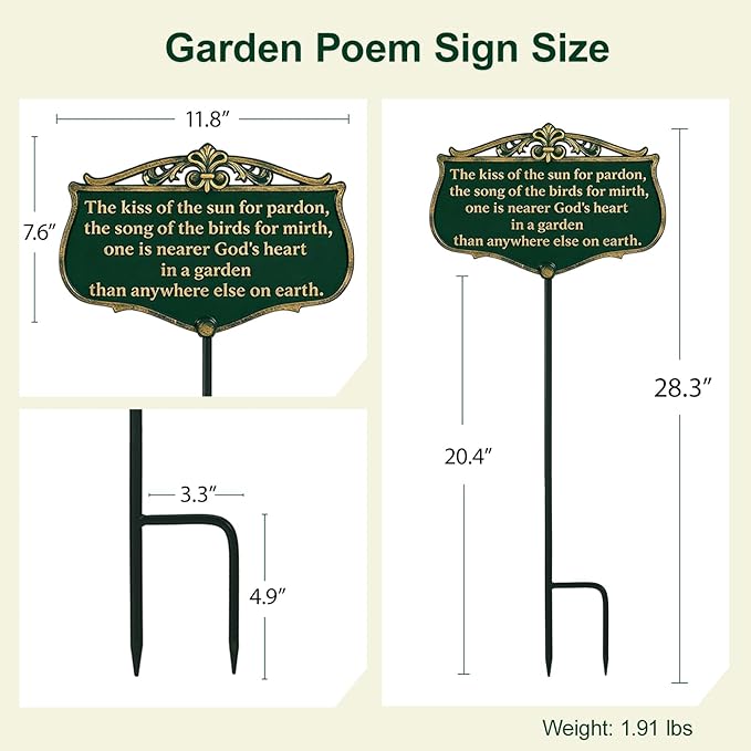 Garden Signs for Outside, "The Kiss of The Sun" Double-Sided Vintage Green Poem Plaque with Stake, Aluminum Outdoor Garden Sign for Patio Yard Lawn Backyard Porch Decor