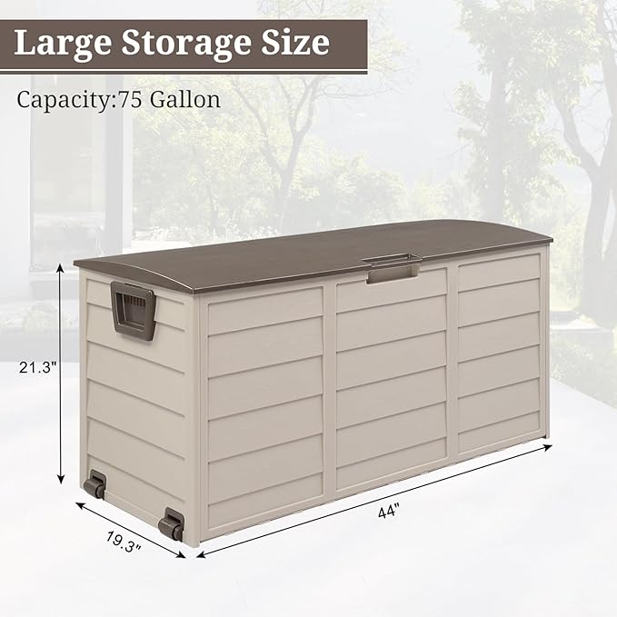 Outvita Deck Storage Box, 75 Gallon Durable Waterproof Storage Container Bin Store Patio Cushions and Yard Stools Outdoor Patio Garden (Brown)