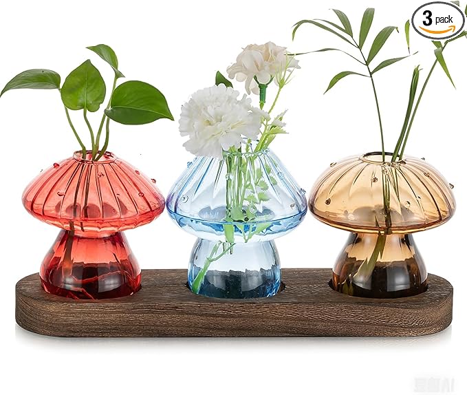Glass Propagation Station for Plant: Mushroom Planter with Wooden Stand for Home Office Decor - Unique Propagation Jars for Plant Lovers - Set of 3 Hydroponic Mushroom Vases Gift for Mom