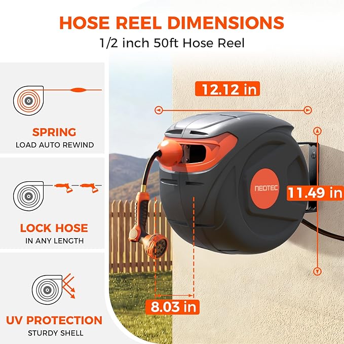 New Retractable Garden Hose Reel 1/2 inch x 33 ft 9 Pattern Nozzle Wall-Mounted Any Length Lock Automatic Slow Return 180° Swivel UV Resistant Heavy Duty Hose Reels for Outside