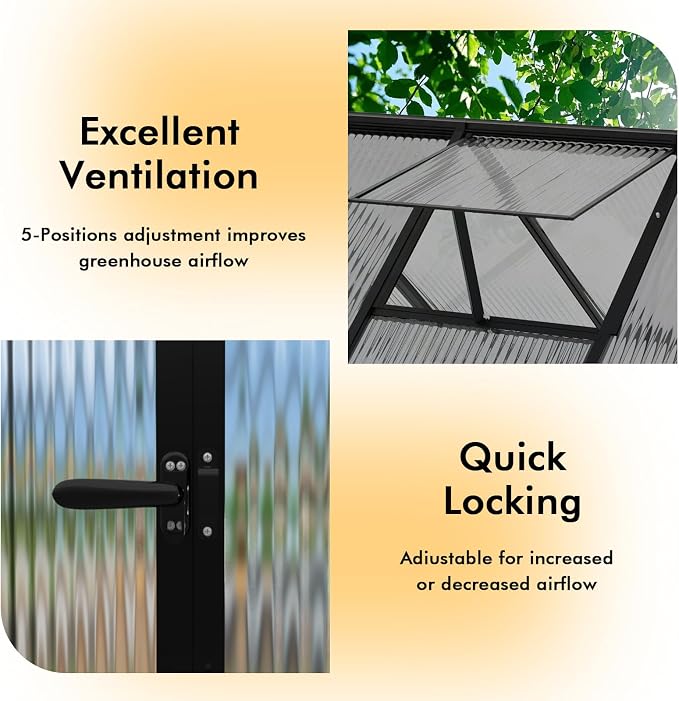6×7.5FT Greenhouse for Outdoors, Walk-in Greenhouse and Winter Garden Planting, Polycarbonate Greenhouse with Electronic Thermometers, Withstands Strong Wind or Snow to Protect Vegetable or Plants