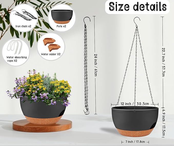 2 Pack 12" Self Watering Hanging Planters, Black Brown with Chains | Plastic hanging baskets with 43 Oz removable reservoir, for indoor outdoor plants, patio porch garden balcony decor