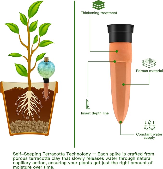SAVENNA Crackle Glass Plant Watering Globe with Terracotta Spike,Self-Watering Irrigation for Potted Plants, with Solar Accent Light for Indoor & Outdoor Décor, 17oz, Blue–Green Gradient