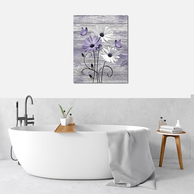 MYUSRE Vintage Floral Purple Canvas Wall Art Farmhouse Daisy and Butterfly on Wooden Pictures Wall Decor Country Wildflower Framed Wall Art for Living Room Bedroom Bathroom Home Decor, 20L X 16W inches