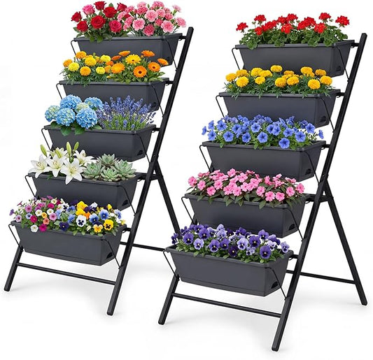Giantex 5 Tier Vertical Planter Set of 2, Raised Garden Bed with Drainage Holes & Removable Trays, Metal Frame Elevated Planter Boxes for Herbs Vegetables Flowers, Indoor Outdoor Patio Balcony