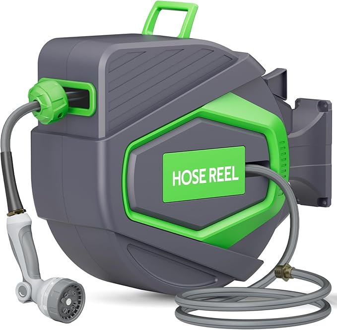Retractable Garden Hose Reel, 1/2 in x 100 ft Wall Mounted Auto Rewind Hose Reel & Lock Any Length, 180° Swivel Bracket, Slow Return System, Brass Connector for Garden Watering, Car Washing
