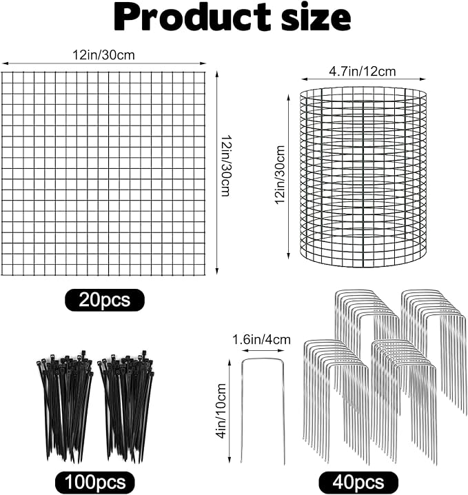 YEXEXINM 20 Pack 12" H X 4" D Wire Small Plant Protector from Animals, 20 Pcs Small Metal Plant Cage Chicken Wire Cloche with Ground Stakes and Nylon Tie to Keep Animals Out Garden Protection