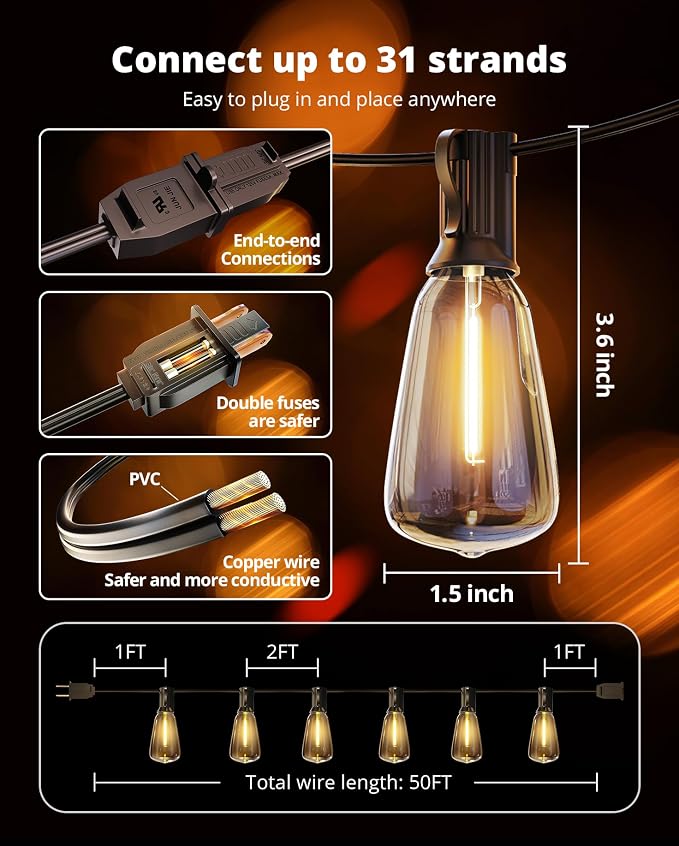VIPAR String Lights Outdoor 50FT LED Patio Lights Outdoor Waterproof with 25+2 Shatterproof ST38 Edison Bulbs, Outside Hanging Light for Porch, Garden, Backyard, Deck, Balcony, Decor, 2700K Dimmable