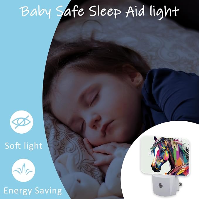 Night Light Watercolor Horse Plug-in Wall LED Night Lamp with Dusk-to-Dawn Smart Sensor Lamp for Adult Bedroom Living Room Hallway Kitchen