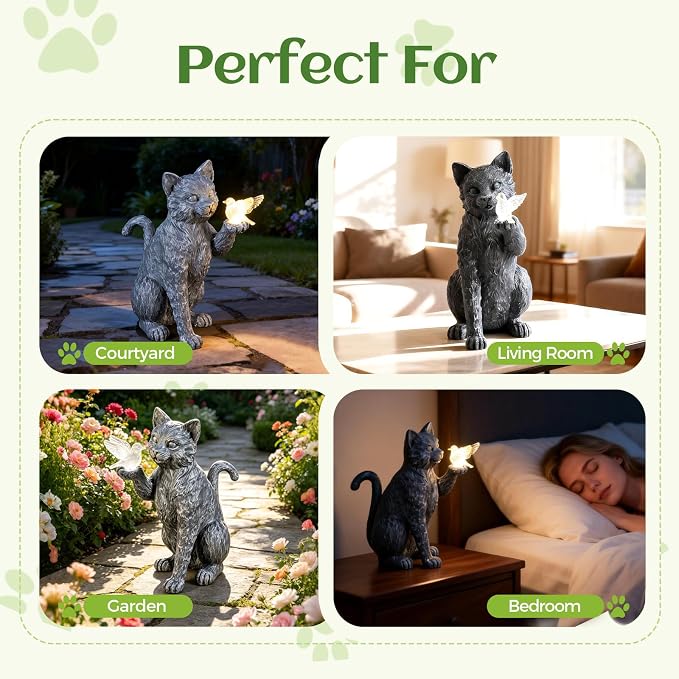 Solar Cat Garden Outdoor Statues, Cat Sculpture with Glowing Bird Light, Lawn Decoration, 10 Inches Tall, for Patio, Balcony, Garden, Yard, Birthday Gift for Mom, Grandma and Women