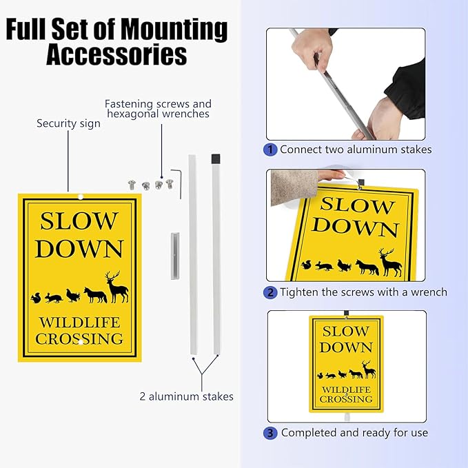 Wildlife Crossing Sign Slow Down Signs with Stake Watch for Animals Sign Caution Drive Slowly Safety Sign for Street Rustproof Reflective Aluminum Sign for Neighborhoods