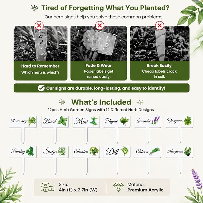 12Pcs Herb Garden Signs - 12 Styles Plant Labels for Outdoor Acrylic Markers - Waterproof Reusable Stakes Tags With Names for Vegetables Indoor Outdoor Decoration