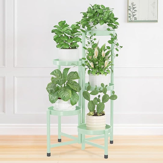 iDavosic.ly Plant Stand Indoor Outdoor, 5 Tier Corner Metal Flower Display Holder Shelf, Folding Tall Orchid Rack for Patio Balcony Porch Garden Living Room House, Light Green