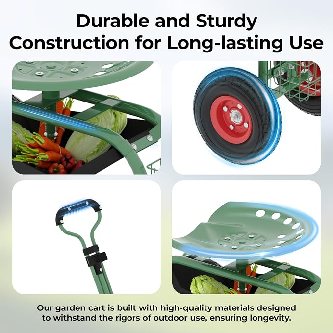 Garvee Garden Cart Rolling Workseat with Wheels, Gardening Stool for Planting, 360 Degree Swivel Seat with Steering Handle & Utility Tool Tray, Use for Patio, Yard, and Outdoors, Green