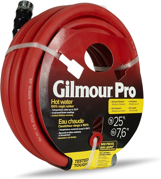 Gilmour Pro Rubber Hot Water Garden Hose – 5/8" x 25', Kink-Resistant, 400 PSI, Brass Fittings, Flexible in Cold, USA Made
