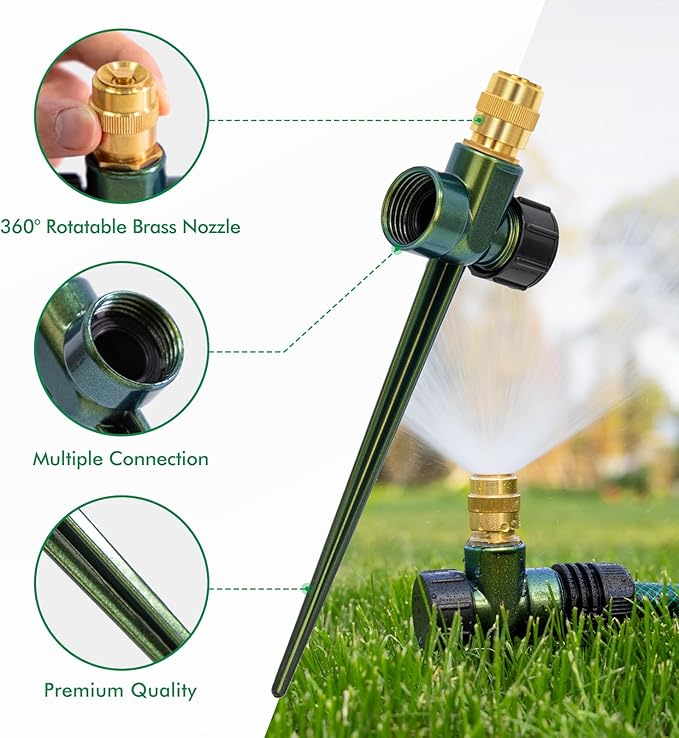 RESTMO 2 Pack Heavy-Duty Full-Metal Lawn Sprinkler for Yard with Durable Brass Nozzle, Premium Spike Base, 360° Large Area Coverage Lawn Sprinkler for Patio and Garden Irrigation