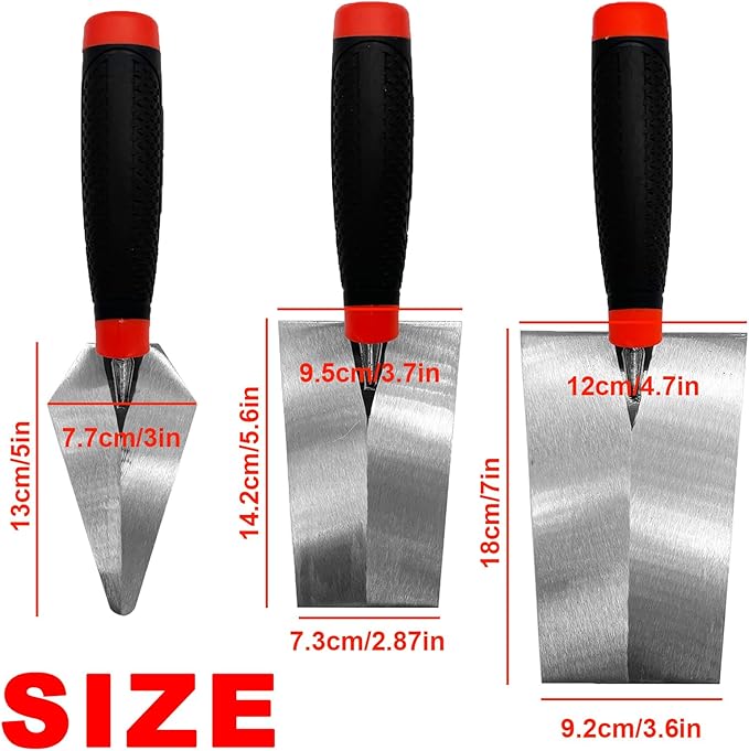 3 Pack Masonry Hand Tool Set, 5” Brick Pointing Trowel, 5.6” and 7” Bucket Margin Trowel, Carbon Steel Bricklaying Hand Tool for Concrete, Cement, Plaster, Tile Construction Projects