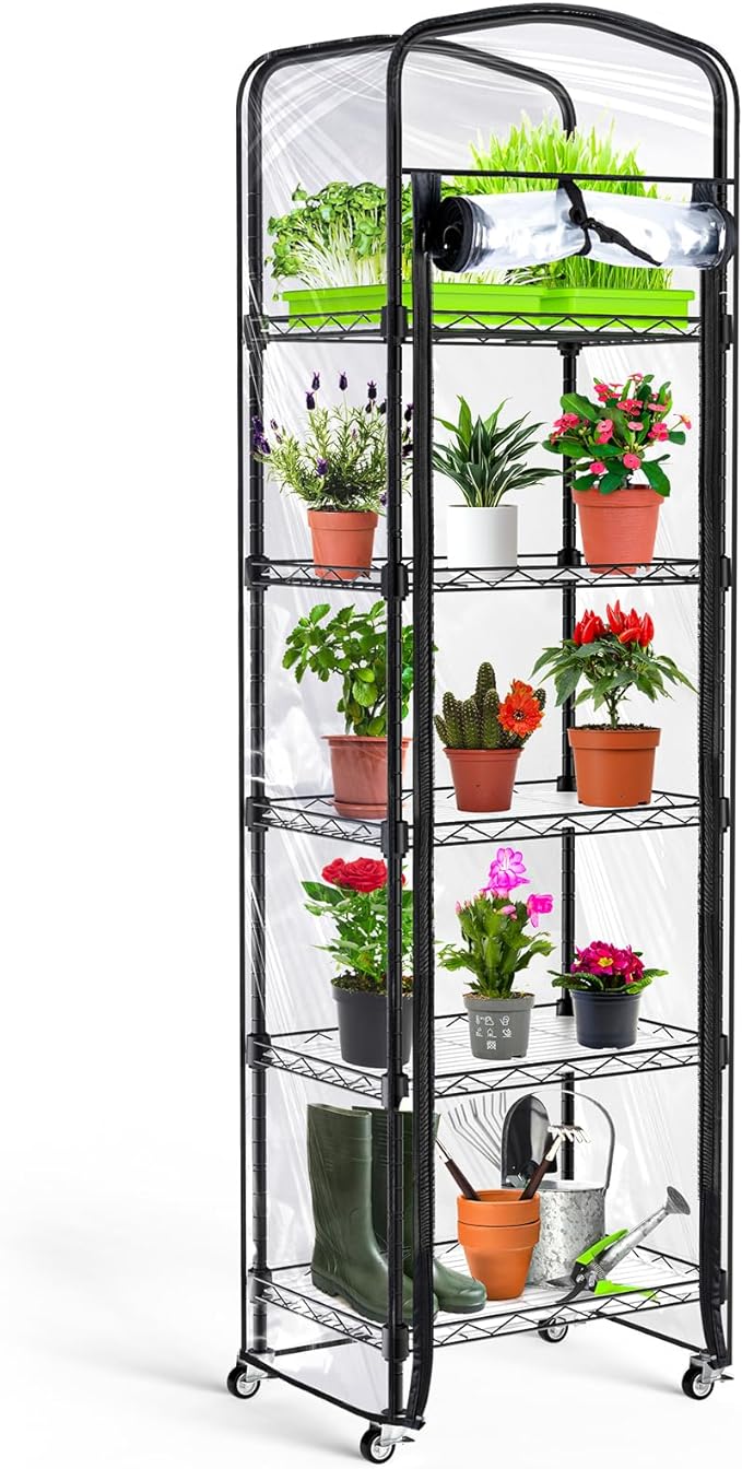 5-Tier Mini Greenhouse with Caster Wheels, Each Shelf Height Adjustable Metal Plant Shelf with PVC Cover for Seed Starting Trays, Seedling Pots, Plant Pots, 11x16x57inch