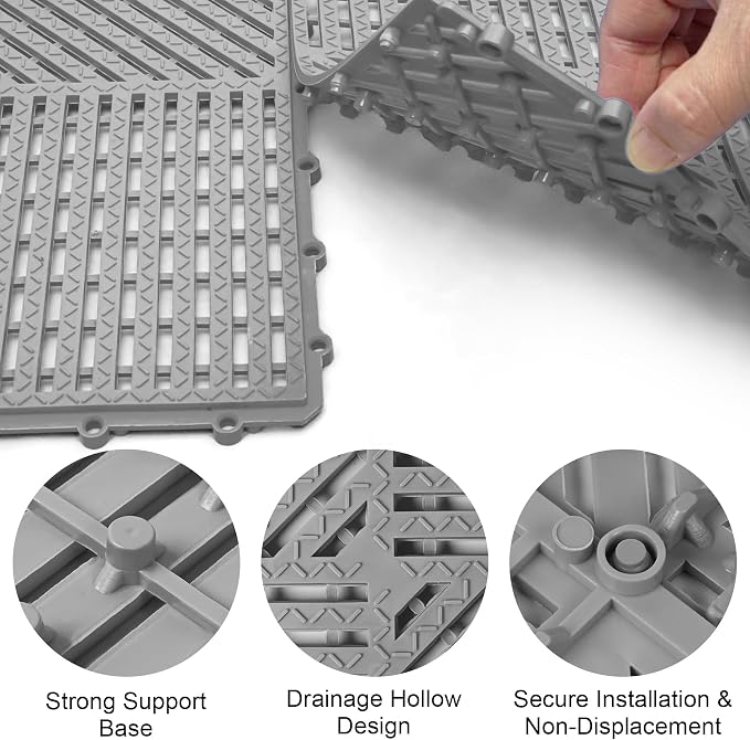 MYFAMIREA Modular Interlocking Cushion 12 Pack 11.8" x 11.8" Rubber Floor Tiles Non-Slip Splicing Drainage Mats for Deck, Pool, Shower, Patio, Balcony, Bathroom, Kitchen, Yard (Diagonal, Gray)