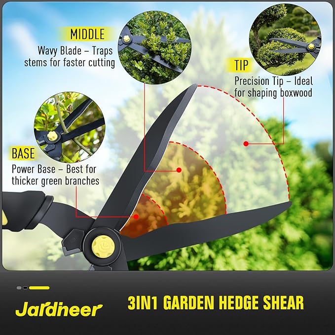Jardineer 16.5'' Hedge Shears, Lightweight Hedge Clippers Handheld with Shock-Absorbing Bumpers and Sharp Steel Wavy Blade, Landscaping Shears for Trimming Hedges, Shrubs and Shaping Bushes