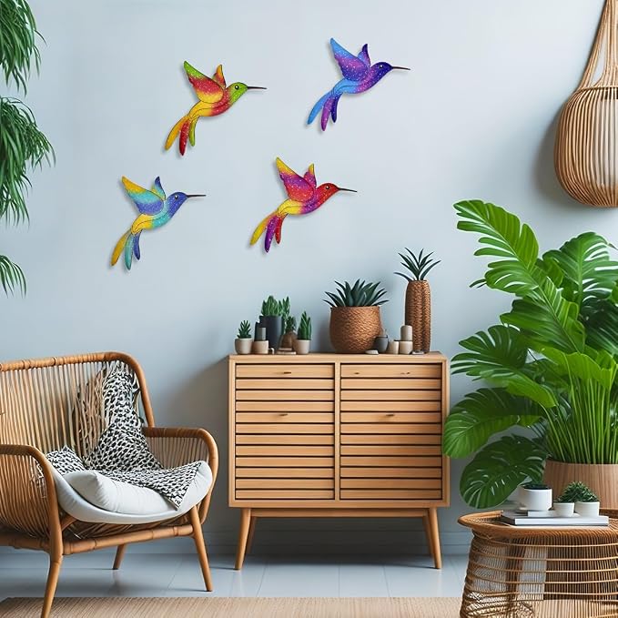 Metal Hummingbird Wall Decor - 4 Pcs Outdoor Fence Birds Art Decoration Hanging Decorations for Garden Yard Patio Balcony Exterior