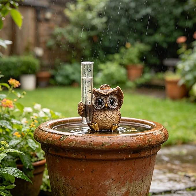 Owl Rain Gauge for Yard Patio, Cute Small Rain Collector Decorative, Unique Outdoor Gardening Garden Ornament with Tube for Home Garden, Deck, Porch, Backyard, Patio & Lawn (Khaki)