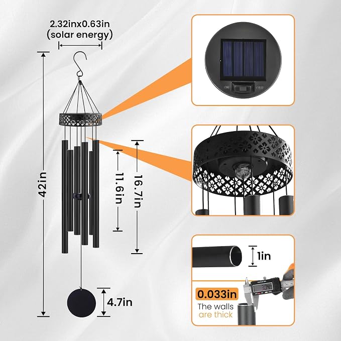 42" Solar Deep Tone Wind Chimes for Outside Clearance, Solar Large Metal Windchimes for Loss of Loved One, Memorial Heavy Duty Chimes Outdoor for Garden,Sympathy Gifts,Black