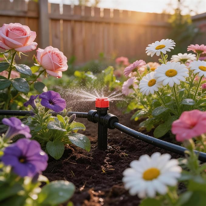 20 Pack Quick Connect 1/4 Inch Drip Irrigation Emitters, 1/4'' Drip in-line Pass Through Stream Emitters Adjustable 360 Degree Dripline Stake Emitter with 10 Plugs for DIY Sprinkler Systems