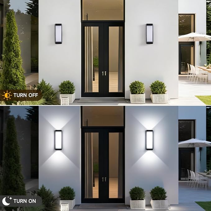 24W Outdoor Porch Lights Exterior Lighting Fixtures Wall Mount Rectangular Modern Patio Sconces 3000LM 6000K Aluminum Black IP65 for Garage House Front Door Entryway