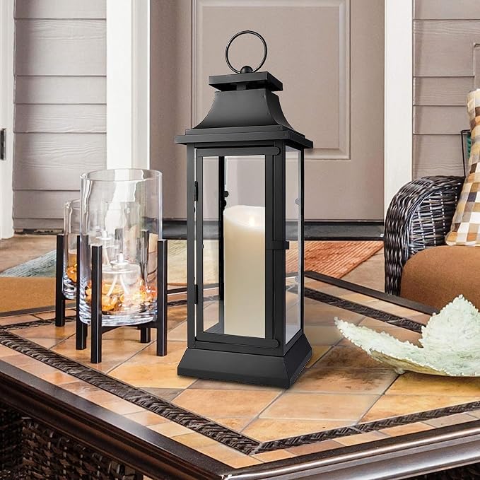 Serene Spaces Living Black Decorative Hurricane Lantern with Clear Glass Panels, Medium Indoor Outdoor Lantern for Porch, Events, Parties & Tabletop Decor, 5" Square & 15" Tall, Pack of 4