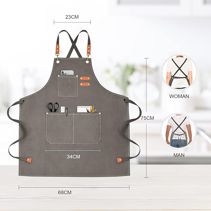OUNLEN Chef Apron for Men Women Canvas Aprons with 3 Pockets Cross Back Resistant Work Apron for Cooking