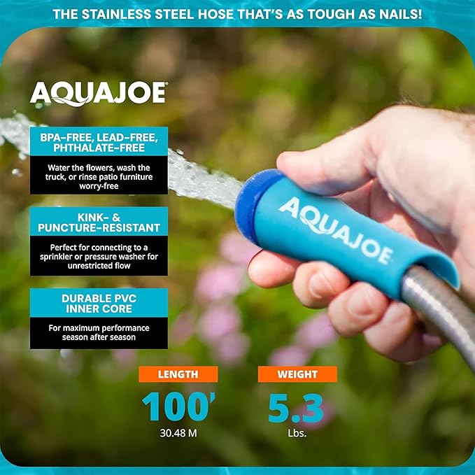 Aqua Joe AJSGH100 1/2-Inch Heavy-Duty, Puncture Proof Kink-Free, Spiral Constructed 304-Stainless Steel Metal, Garden Hose, 100-Foot