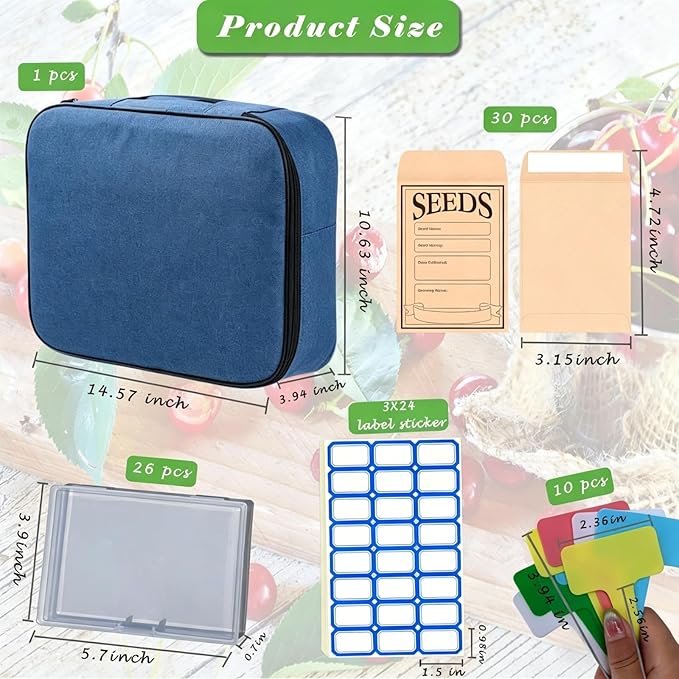 26 Clear Seed Storage Organizer Boxes with 3-Tier Moisture-proof bag Blue that holds 200 Packets, Seed Saving kit with Labels, Markers for Gardeners, Hobbyists to store various seeds long-term