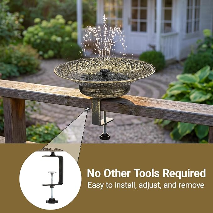 Solar Bird Bath for Deck Railing, 12.6“ Metal Solar Powered Bird Bath Fountain with Bubbler, 3.5” Adjustable Clamp for Balcony & Patio, 2-in-1 Deck Bird Feeder for Garden Yard Decor, Gold