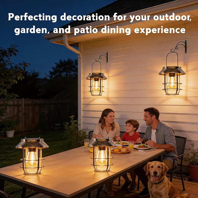 Ahaorigin 2 Pack Solar Lanterns Outdoor Waterproof, High Brightness Hanging Solar Lights for Outside with Wall Hooks, Retro Metal Outdoor Lanterns Auto On/Off for Garden, Porch, Patio, Yard Decor