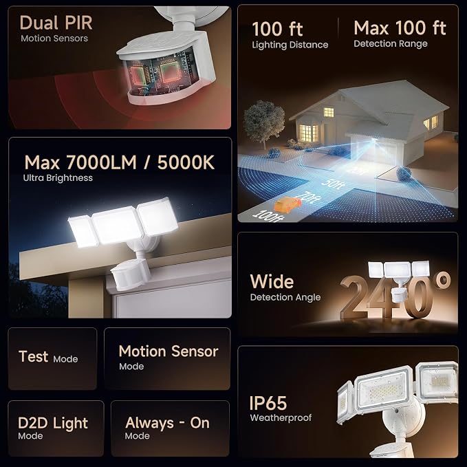 LEPOWER-TEC Zero Blind Spots Outdoor Security Light with 240° & 100ft Dual PIR Motion Sensor, 7000LM Adjustable Flood Light Brightness for Garage Driveway, Dusk to Dawn, IP65, Easy Hardwired Install