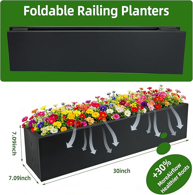 2 Pack Metal Railing Planter Box, 30 Inch Balcony Planters with Adjustable Brackets, Large Hanging Planters for Outdoor Fence Deck