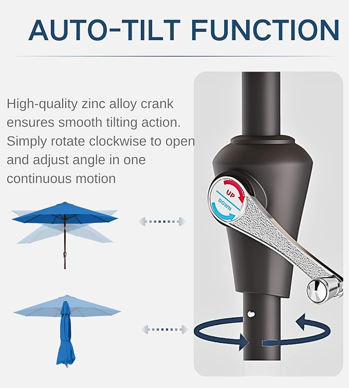 9FT Auto-Tilt Patio Umbrella|Outdoor Market Table Umbrella with 8 Fiberglass Ribs for Pool,Deck&Backyard