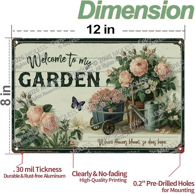 Vintage Garden Sign – 'Welcome to My Garden' | 12x8″ Floral Metal Garden Signs Decor for Outside, Gardening Gifts for Women & Mom, Plant Lover Gifts, 2681