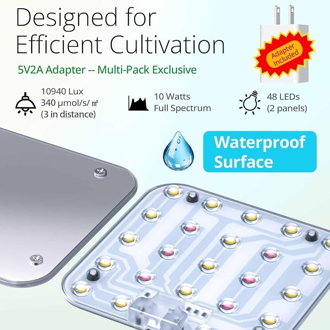 Full Spectrum LED Grow Light for Indoor Plants, 2 Panels 10W with 6/12/16h Timer Dimmable Plant Lights for Flower Veg Plant Growth USB, Bluish White, 2-Pack