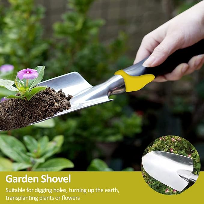 Garden Tool Set, 3 Piece Gardening Tools Includes Garden Trowel, Transplant Trowel and Hand Rake with Non-Slip Ergonomic Handle, Heavy Duty Garden Kit for Planting, Garden Gifts, Yellow
