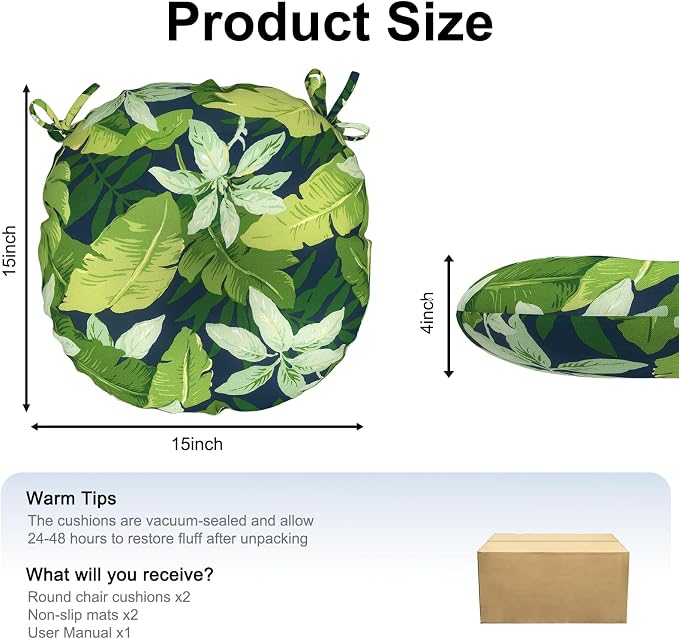 DYTXIII Set of 2 Outdoor Round Chair Cushions 15"x15"x4" with Ties, Water Repellent Tufted Bistro Seat Cushions, Thick Patio Chair Pads for Bar Stool, Garden & Dining Furniture - Jungle Leaves