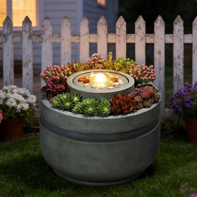 18" H Water Fountain Outdoor Bubbler Water Feature Outdoor with Lights and Built-in Planter Zen Garden Water Fountains for Patio Porch Deck Backyard Home Decor
