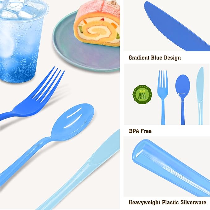 60 Pcs Blue Plastic Forks Disposable Baby Blue Cutlery Heavy Duty Plastic Silverware 50 Disposable Forks for Brithday, Wedding, Baby Shower