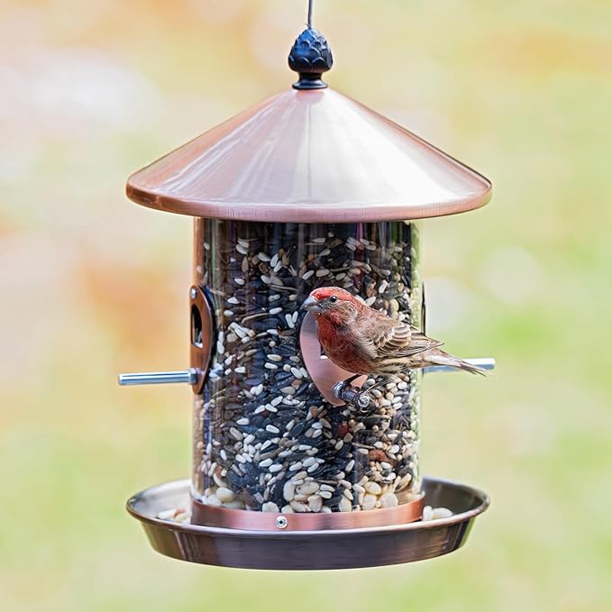 Kingsyard 4.5-Cups Large Metal Bird Feeders for Outdoors Hanging with 8 Ports, Tube Bird Feeder with Seed Tray, Weatherproof Chew Proof Roof for Cardinal Finch, Copper
