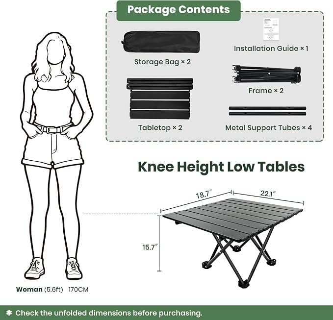 2 Pack Portable Camping Table Foldable, Ultralight Small Folding Beach Table with Carry Bag for Outdoor Travel, Beach, Camp, Picnic, BBQ, Cooking, Festival, Boat, Home Use (Black-M)