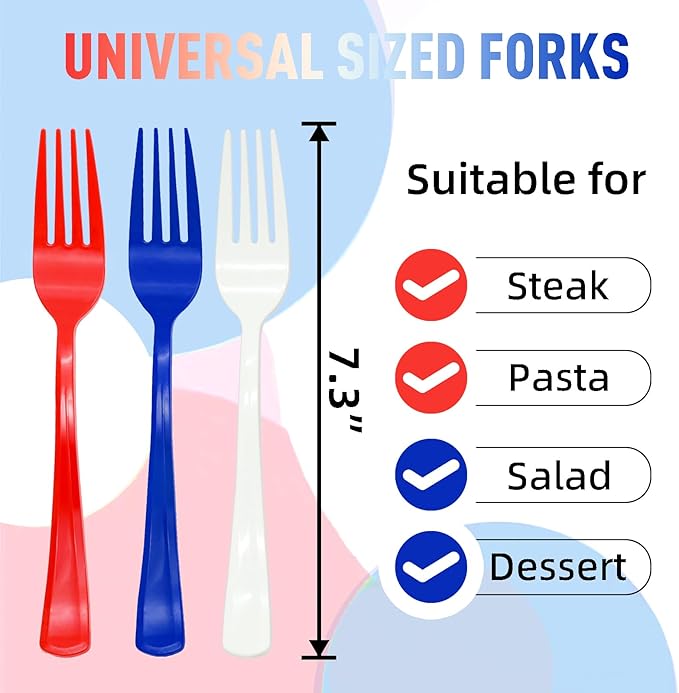 60 Pcs Red White and Blue Plastic Forks, 4th of july Plastic Forks, Heavy Duty Disposable Plastic Cutlery Set for Memorial Day, Election Day, 4th of July Independence Day, Veterans Day Decorations