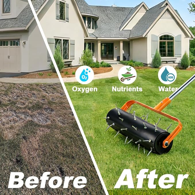 Rolling Lawn Aerator, 71 Inch Manual Aerator Lawn Tool Roller with 42 Spikes, Heavy Duty Soil Penetrator for Garden Yard