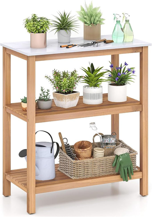 Giantex 3-Tier Outdoor Potting Bench, Acacia Wood Planting Workstation with Faux Marble Tabletop, Open Storage Shelves, 300LBS Capacity, Garden Potting Table for Horticulture