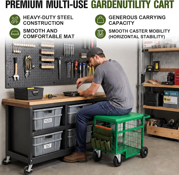 Swivel Wheel Garden Work Seat Upgraded Heavy-Duty Gardening Cart with Portable Gardening Tool Kit Swivel-Wheel Garden Stool Designed for Seniors Ideal for Lawn, Patio, and Outdoor Gardening Scooter